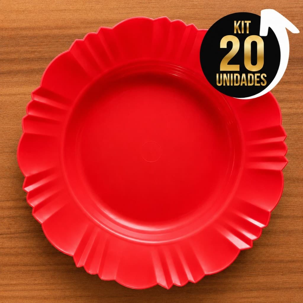 Kit 20 Pratos Fundos Redondos Vermelho Plástico com Borda Para Refeições