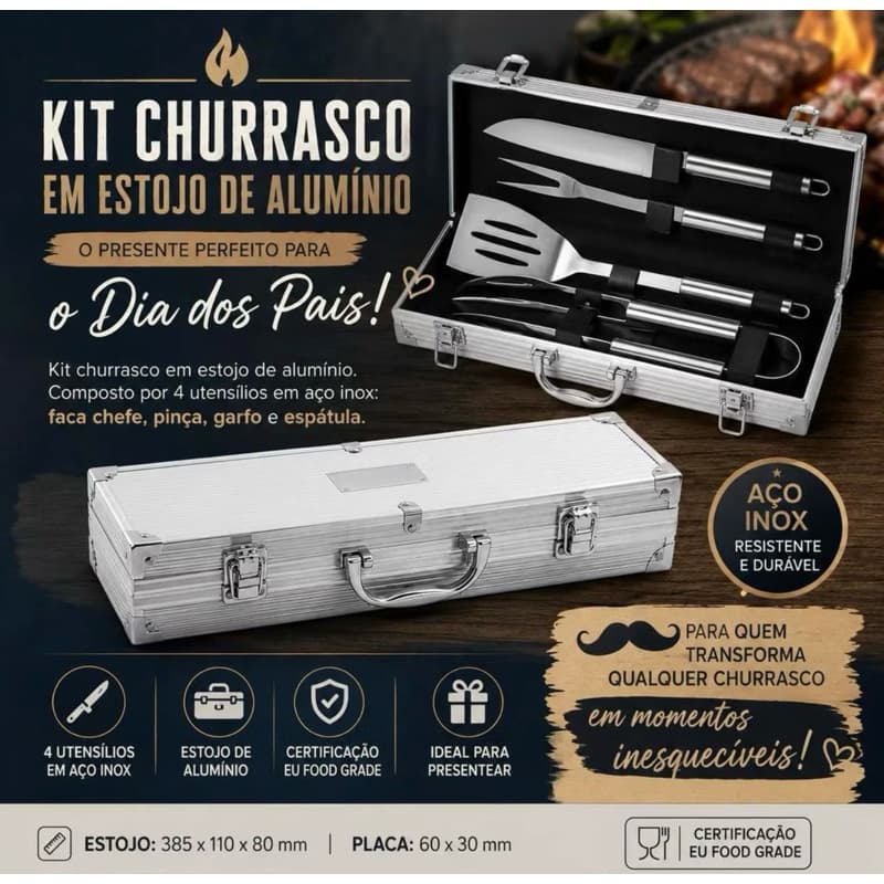 Kit para churrasco com maleta de alumínio - 4 peças.