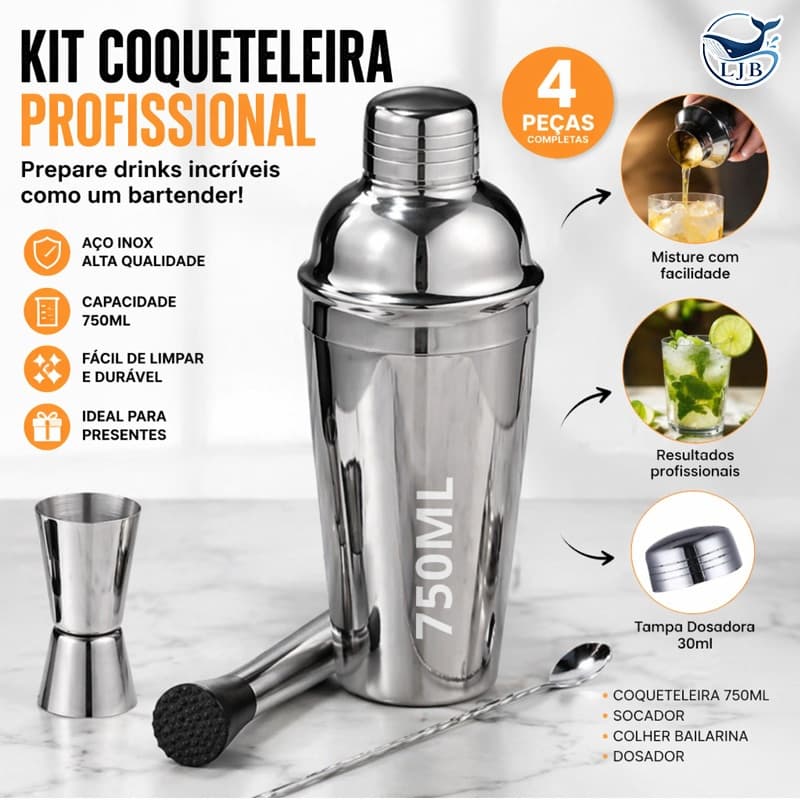 Barman para Caipirinha: Copo de 500ml Colher Socador Dosador Coqueteleira Bebidas para Bar e Rest CF-04