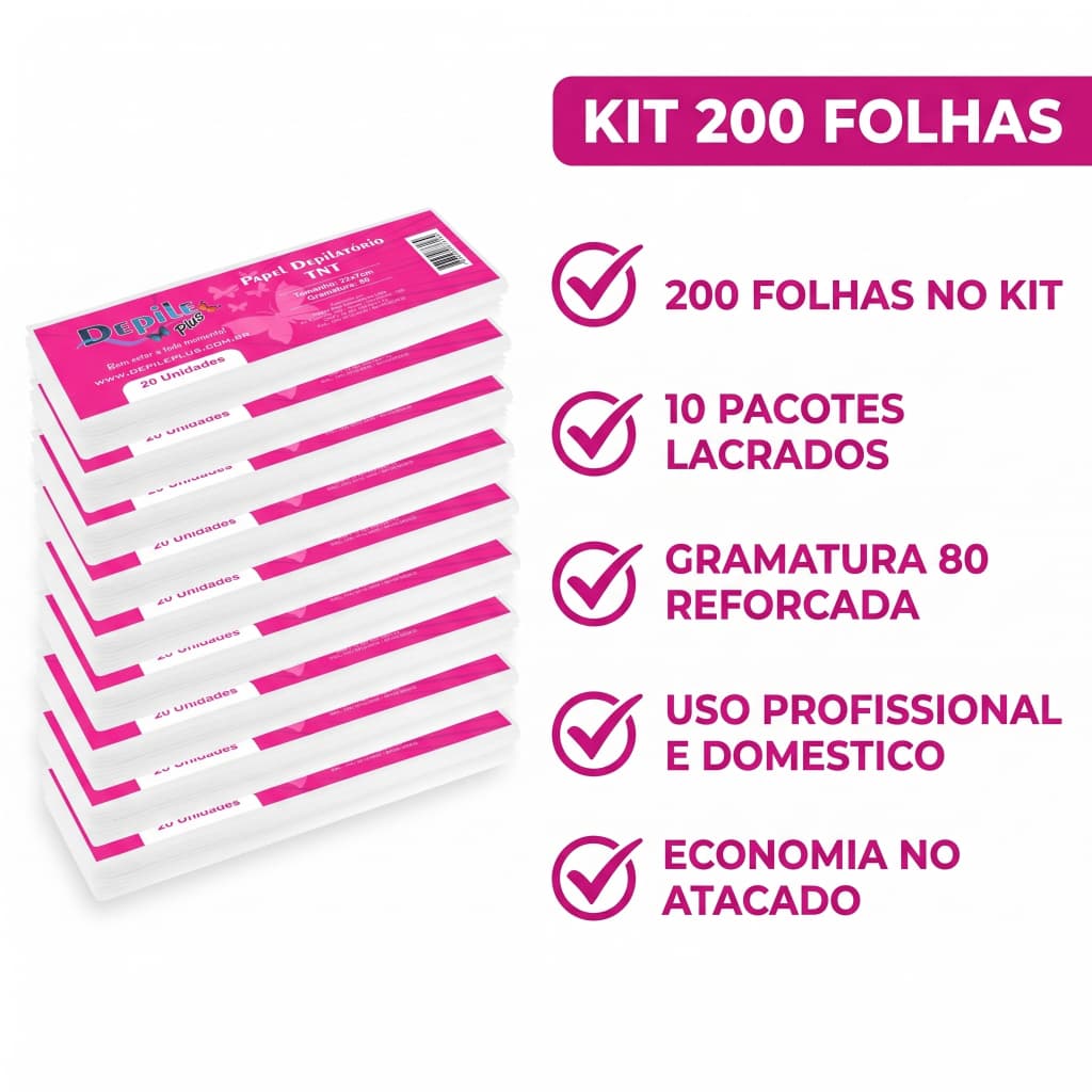 Kit 200 Papel Depilatório TNT 22x7 Gramatura 80 Cera Quente Roll On Depilação Profissional Salão Folha