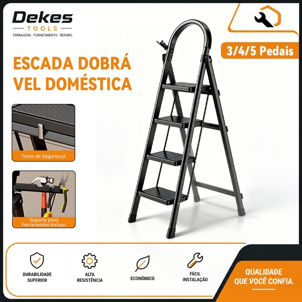 Dekes Escada com Mecânica Triangular Reforçada Dobrável 3/4/5 Degraus Antiderrapante