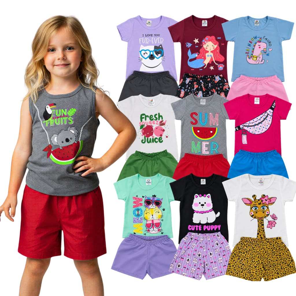 Kit 10 Peças Roupa Infantil Menina Sortido Verão Estampado Camiseta + Shorts Liso 5 Conjunto