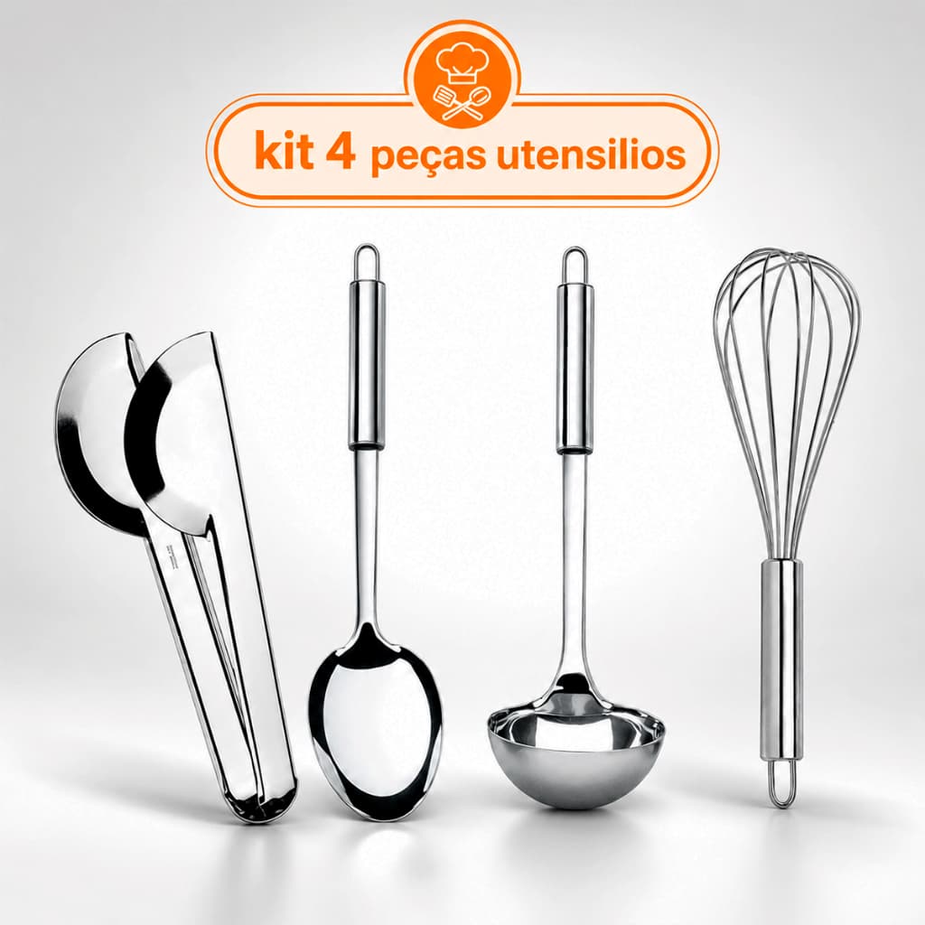 Kit 4 Utensílios para Cozinha Inox Pegador Concha Colher Fue Resistente Cozinhar