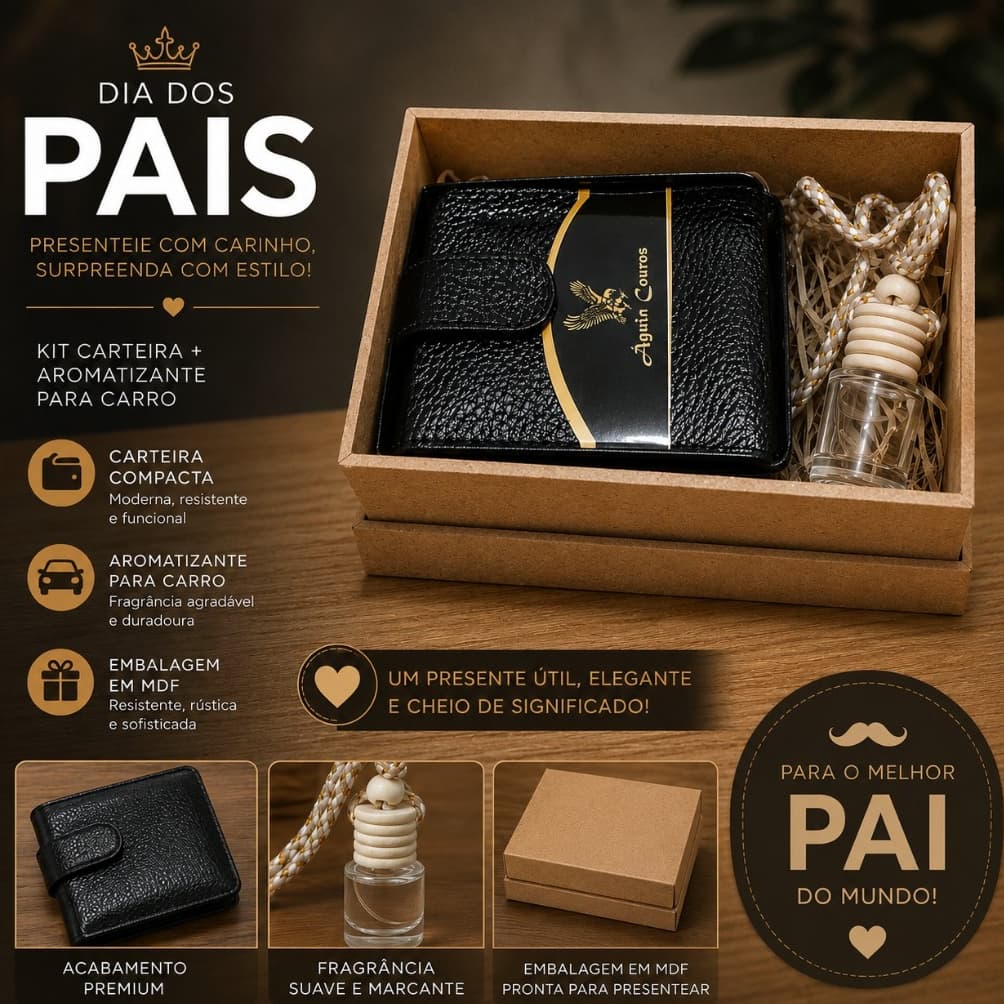kIT Dia Dos Pais Carteira  Masculina Couro legítimo +Aromatizador de Carro na Caixa MDF Decorada Pronta para Presentear
