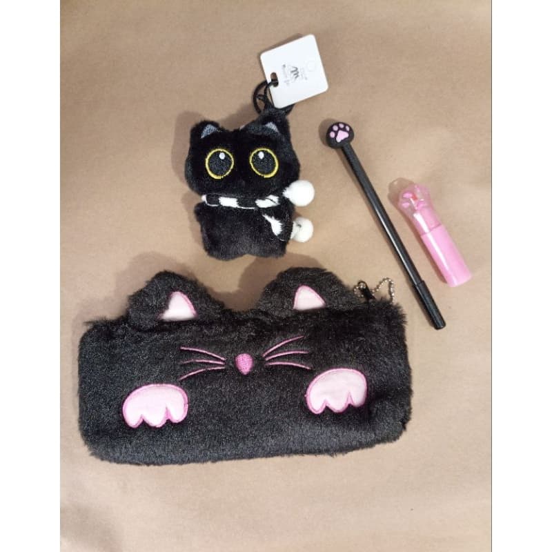 Kit Papelaria Fofa Aesthetic Gatinho Preto Estojo Pelúcia + Chaveiro + Caneta Decorada + Marca-Texto