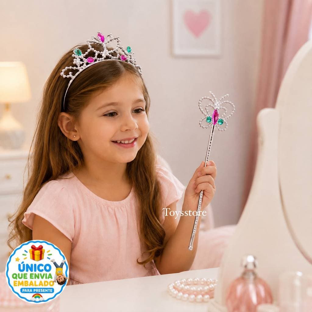 2 Conjuntos de Fantasia Tiara Coroa + Varinha Princesas Gliter ( 2 tiaras + 2 varinhas )