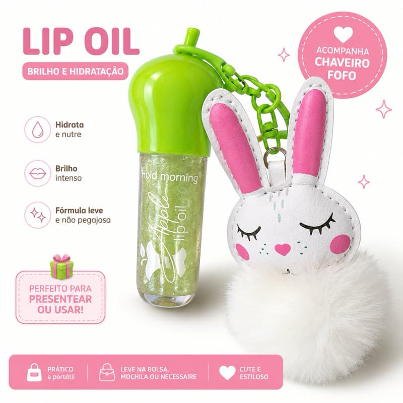 Gloss Labial Lip Oil Maçã Verde com Chaveiro. lip gloss com chaveirinho de pompom