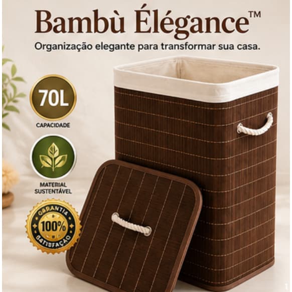 Cesto Organizador de Bambu com Tampa e Alças 70L Bambù Élégance™ para Roupas Lavanderia Marrom