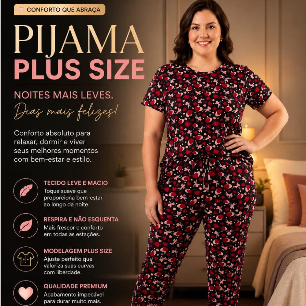 Kit 2 Pijamas Plus Size Feminino Conjunto Estampado Suede Macio Confortável Manga Curta/ Calça Longa Adulto