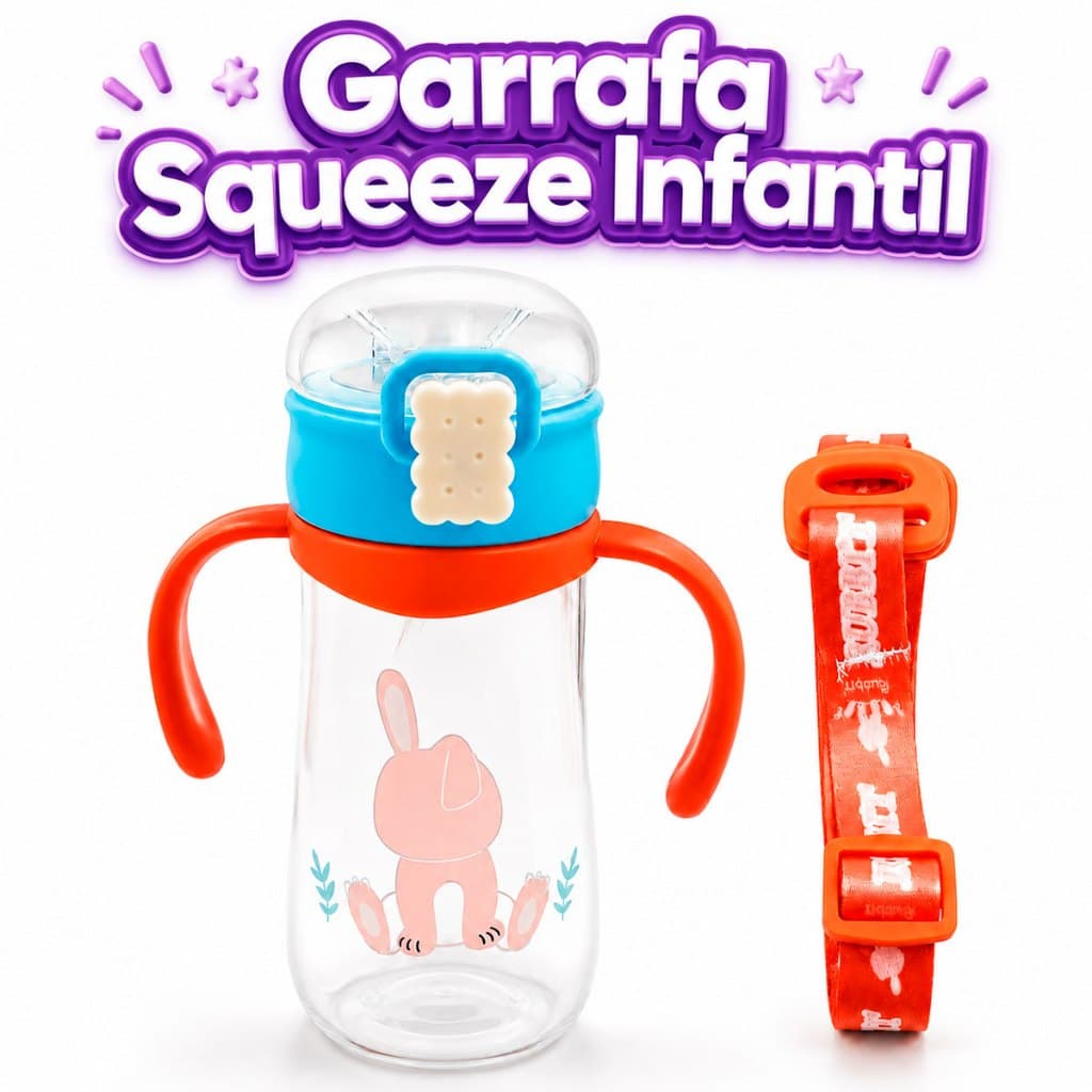 Garrafa Squeeze Infantil Criança Com Canudo Alça Água 350ml Portátil Anti-vazamento