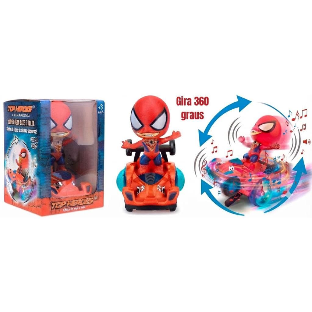 Boneco Aranha Herói Musical Relâmpago C/ Luz e Giro 360 ✨