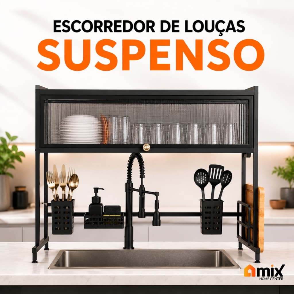 Escorredor de Louças Suspenso Pia 75cm Preto Armário Organizador Pratos Copos Talheres Tigelas
