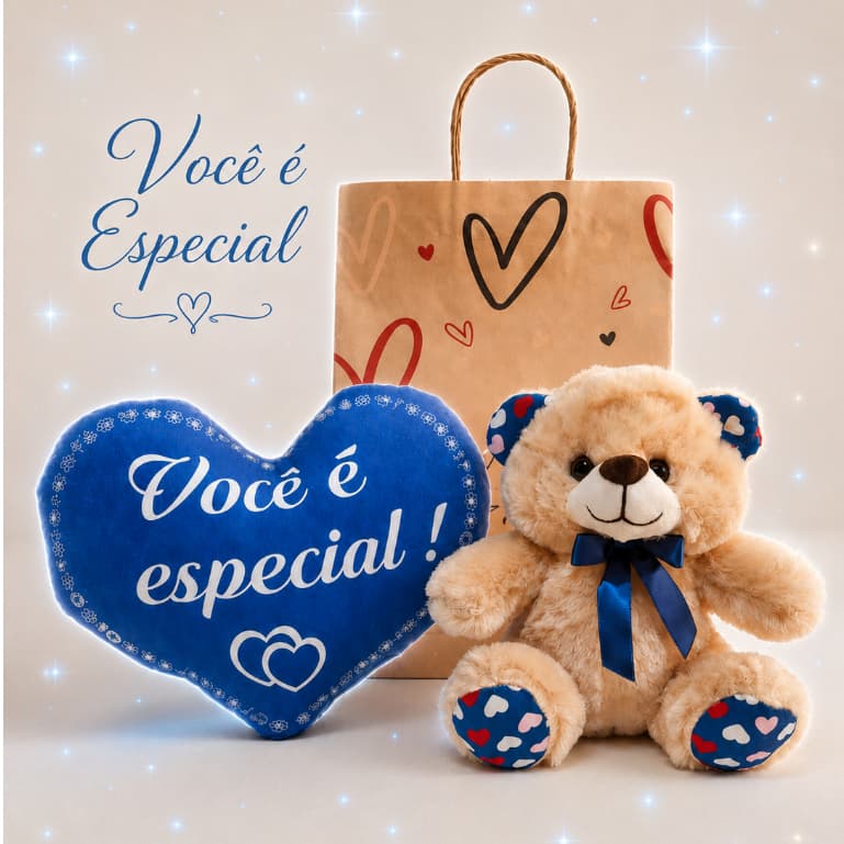 Kit Presente Urso e Coração de Pelúcia - Namorados/Pai/Aniversário/Mãe/Amiga - Cesta/Almofada