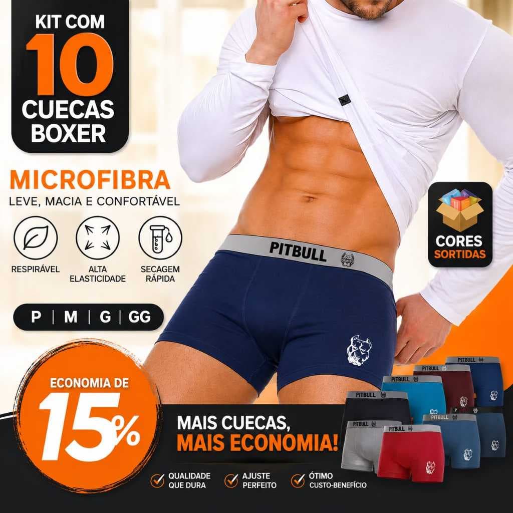 Kit 10 Cuecas Boxer Adulto Masculina Pitbull American Microfibra Linha Premium