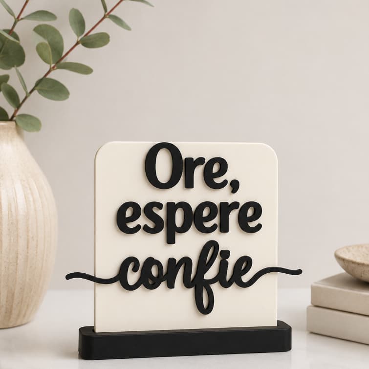 Letreiro Decorativo Ore Espere e Confie Placa de Mesa Religiosa Cristã 15x13cm Decoração