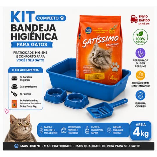 bandeja Higiênica para Gatos + Areia Gatíssimo 4kg | Kit com 2 Comedouros + Pazinha | Kit Completo