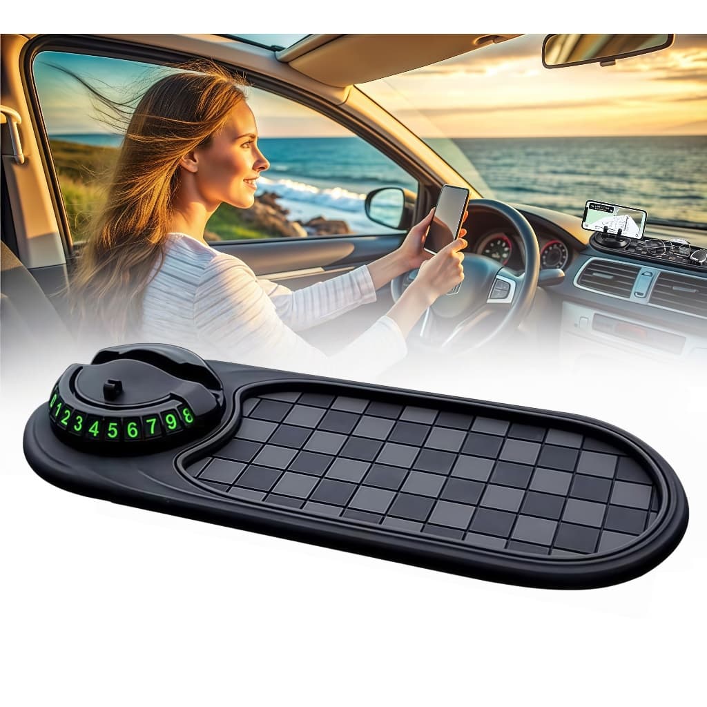 Esteira antideslizante carro: suporte 360° celular, placa estacionamento oculta, silicone resistente e fácil de limpar.