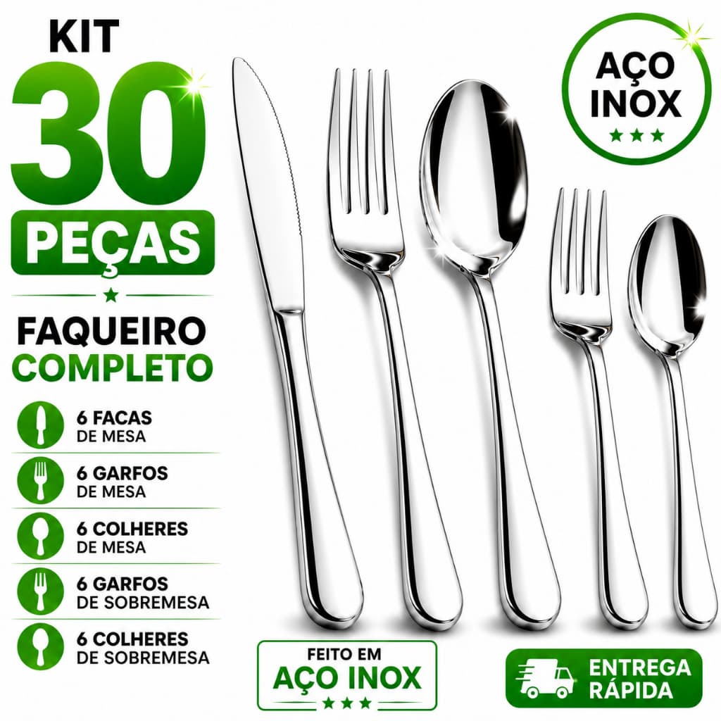 Kit Talheres 30 Peças Aço Inox Completo Facas, Garfos, Colheres de Mesa + Garfos + Colheres de Sobremesa Profissional