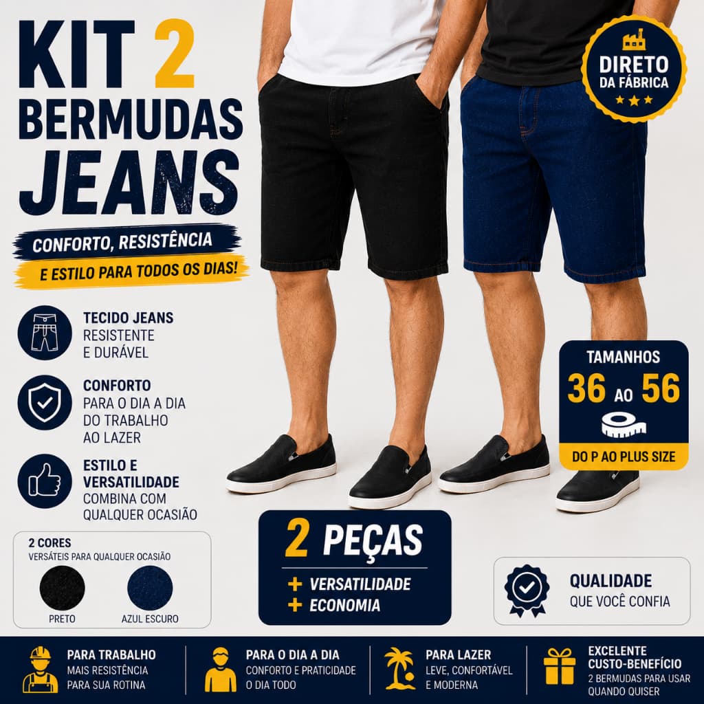 Kit 2 Bermuda Jeans Masculina Plus Size Shorts Masculino Tamanhos Maiores Azul Escuro Preta