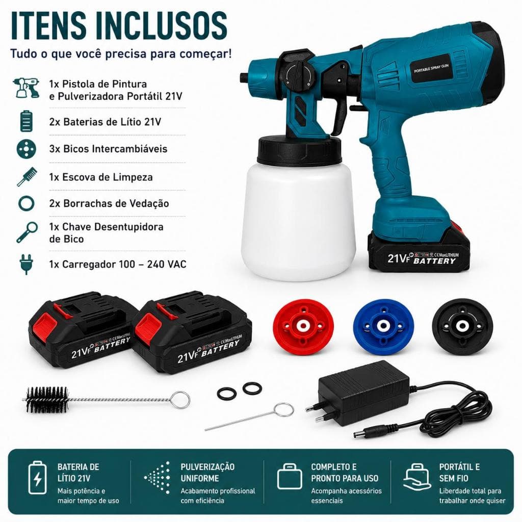 Pistola Pulverizadora de Pintura Elétrica Sem Fio 21V 1000ml com 2 Baterias Recarregáveis e 3 Bicos Ajustáveis