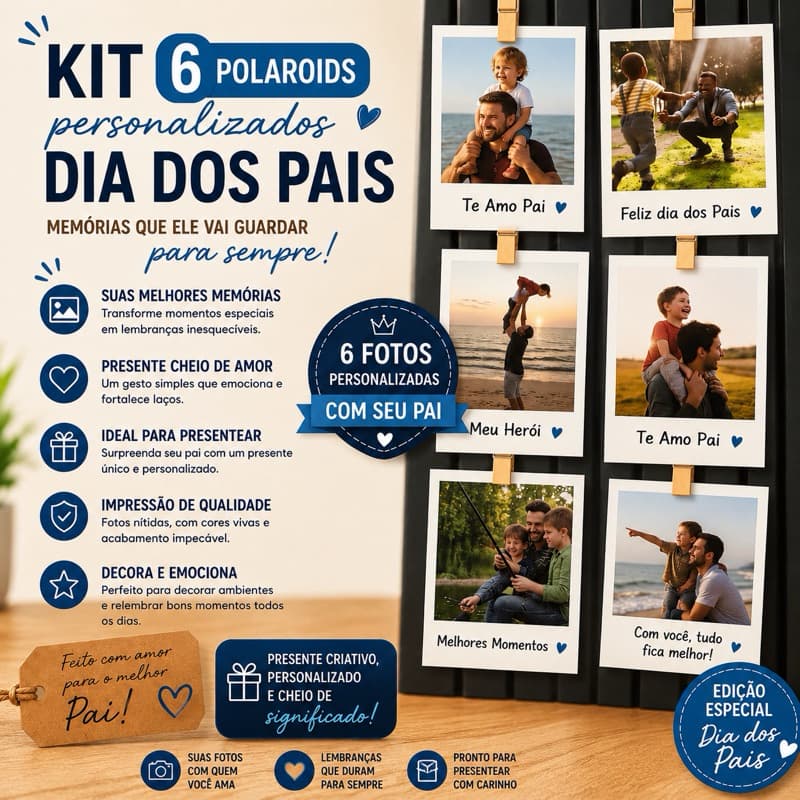 Kit 6 Polaroids Personalizadas Dia dos Pais | Fotos Personalizadas Estilo Instax | Presente Criativo para Pai