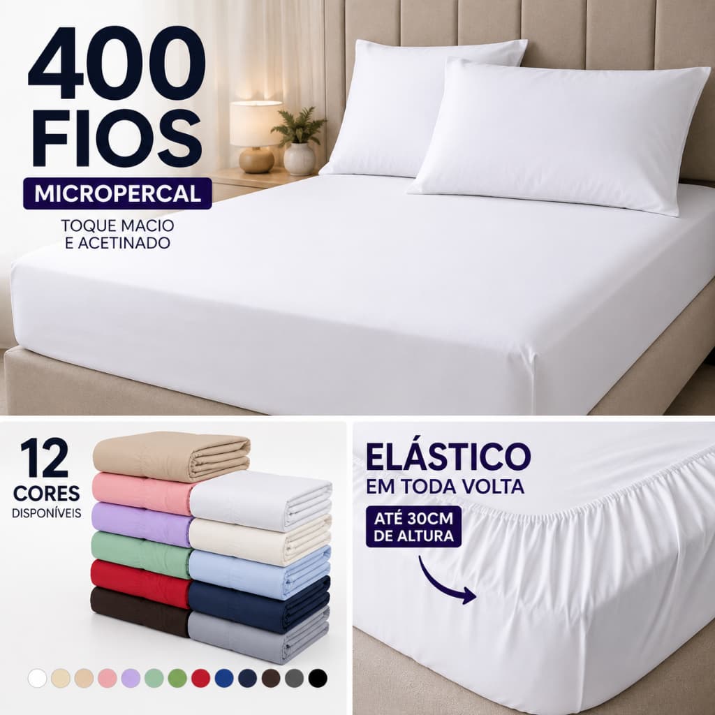 Lençol Avulso com Elástico 400 Fios Micropercal Toque de Pêssego Casal Queen Solteiro Ajustável