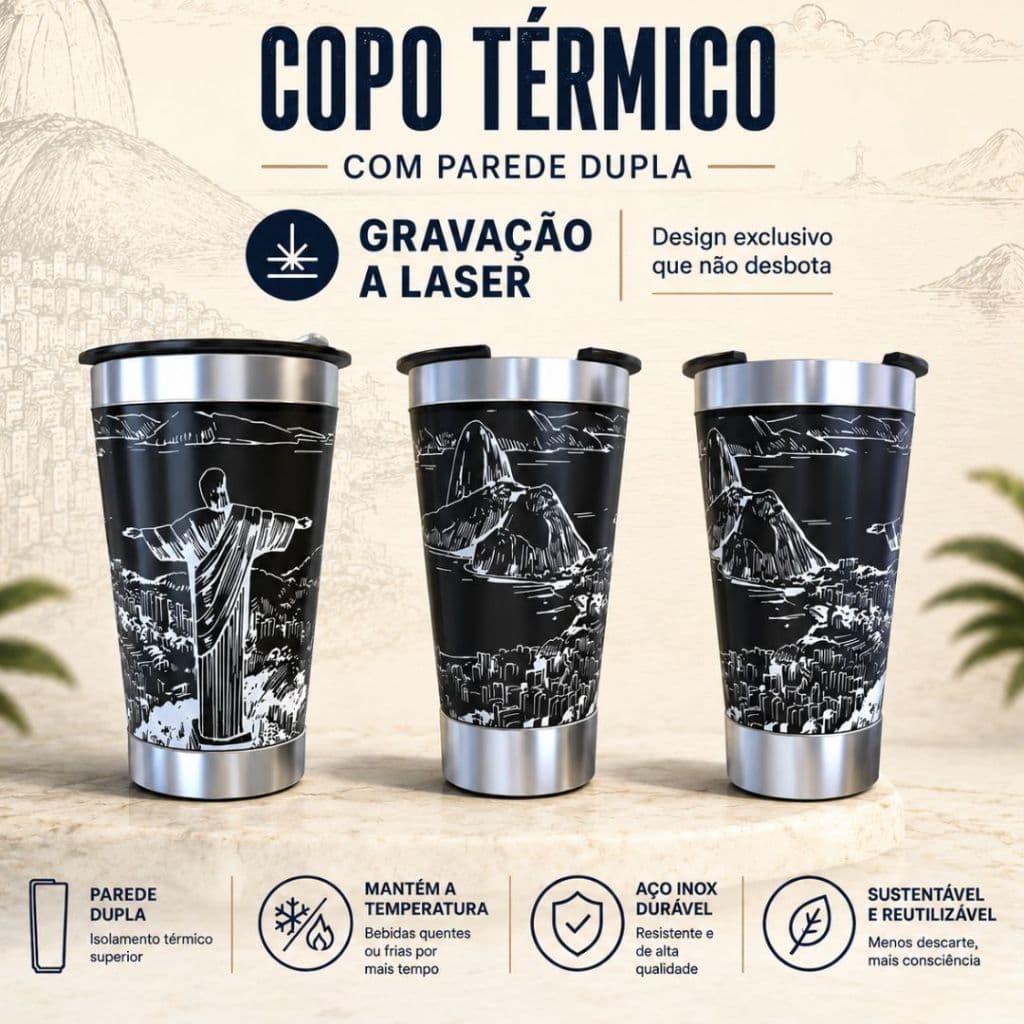 Copo Térmico 360º graus Arte a Laser Tema: Rio de Janeiro Com tampa e abridor parede dupla IDÉIAS DE PRESENTE