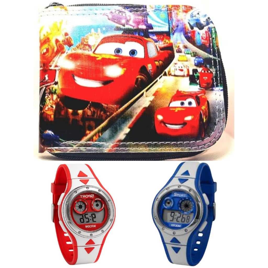 Carteira infantil masculino do Carros e relógio digital de led e cronometro seu filho merece .