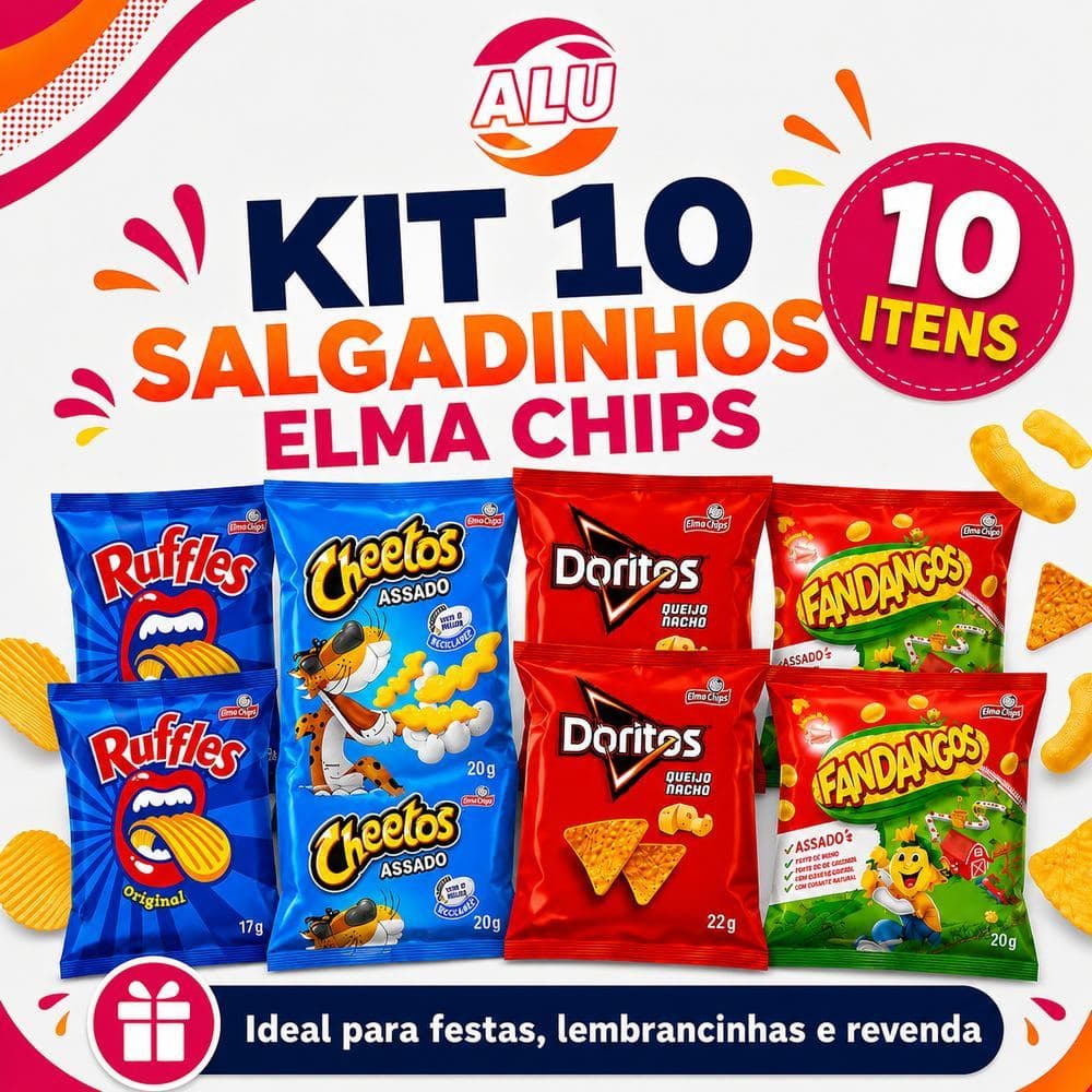 Kit 10 Salgadinhos Sortidos Elma Chips Doritos Cheetos Ruffles Fandangos Festa Lanche Lembrancinha