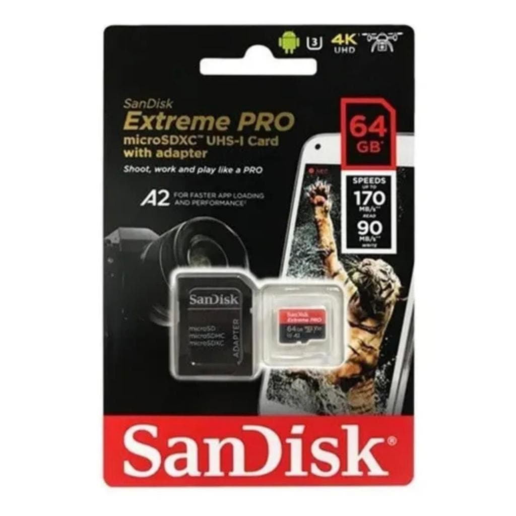 CATÃO DE MEMÓRIA SANDISK EXTREME PRO MICRO SDXC 64GB 170MB/s 90MB/s 4K  COM ADAPTADOR.