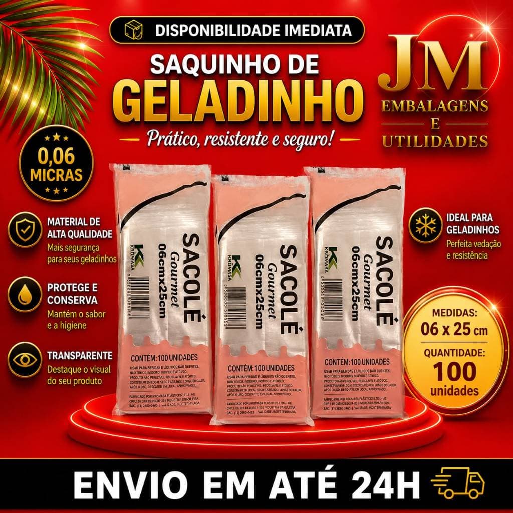 Saquinho para geladinho 06X25 (Kromasa) BD - 0,06 Micras Sacolé Juju Geladâo Dindim Geladinho Transparente Saco