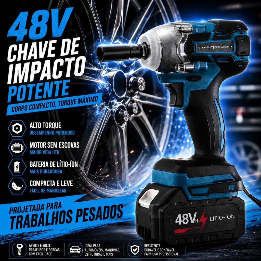 Chave de Impacto Sem Fio 48V Brushless Kit Completo Amarelo/Azul Maleta Ferramenta Bivolt 2 Baterias