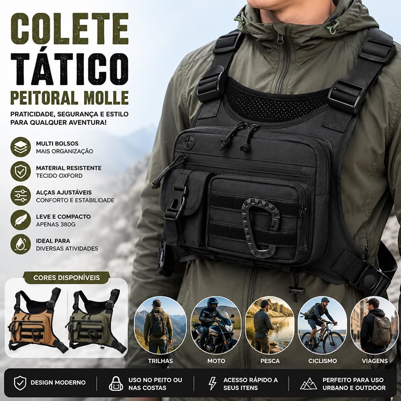 Bolsa Peitoral Tática Molle Multi Bolsos Oxford para Moto Camping Pesca Trilha Viagem EDC