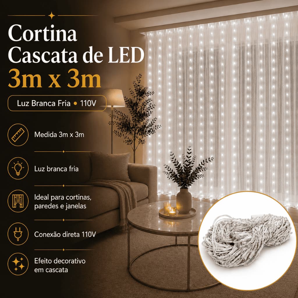 Cortina Cascata de LED Pisca-Pisca 3x3m 110V Branco Frio para Natal Festas Decoração