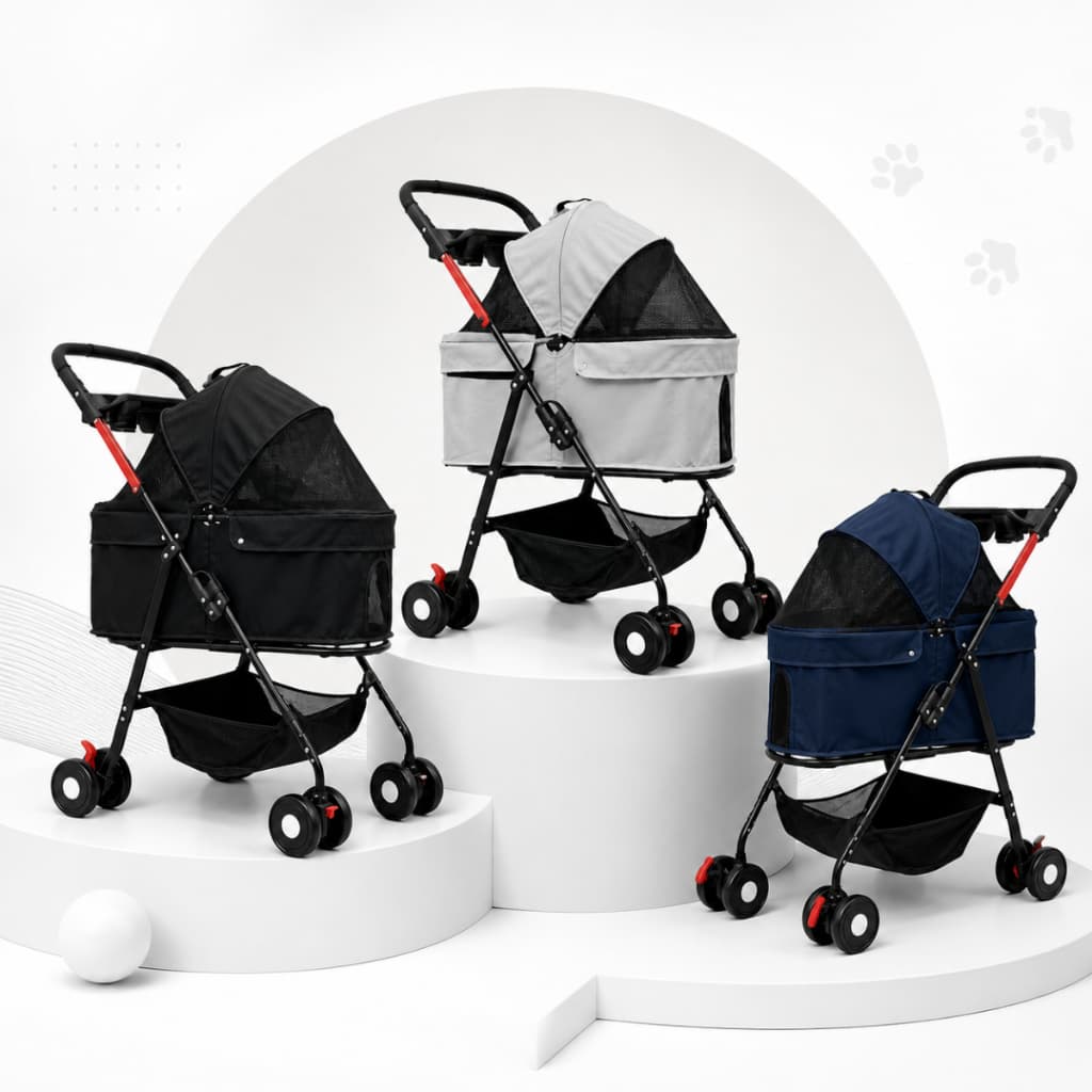 Carrinho de Passeio Pet Animal Estimação Cães Gatos Até 15kg Porta Copo Dobrável Cinza Preto Rosa