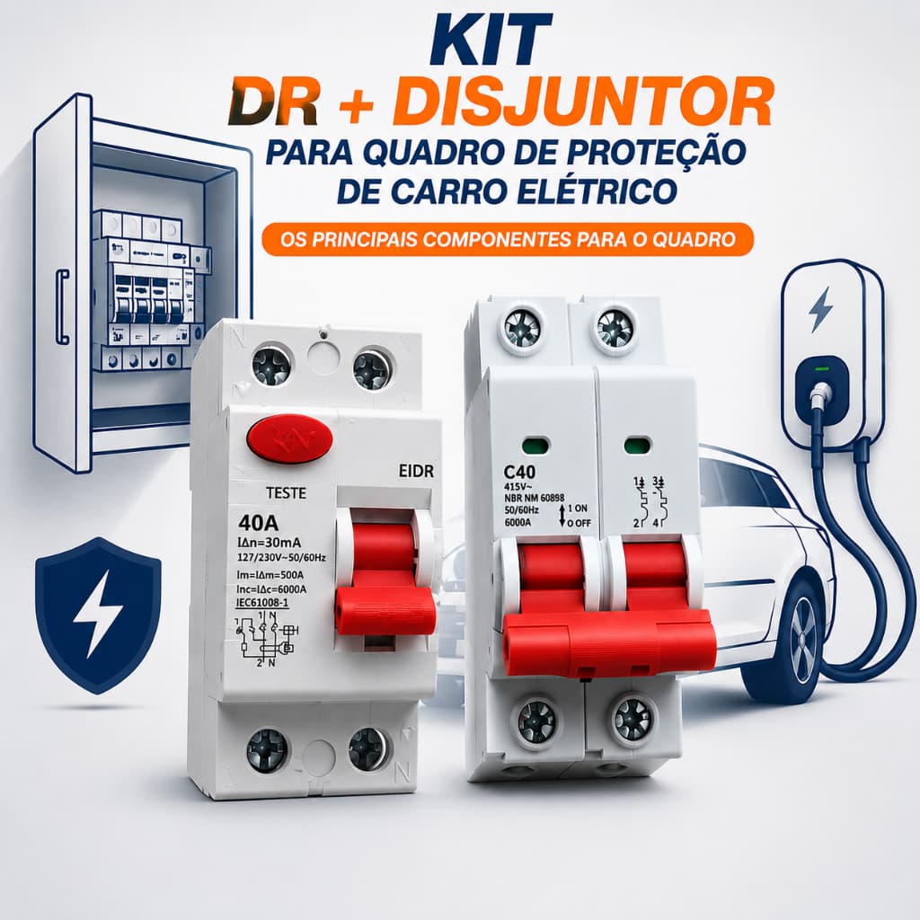 Kit DR + Disjuntor Bipolar 40A para Quadro de Proteção de Carro Elétrico | IDR Tipo A + Disjuntor Curva C 6kA