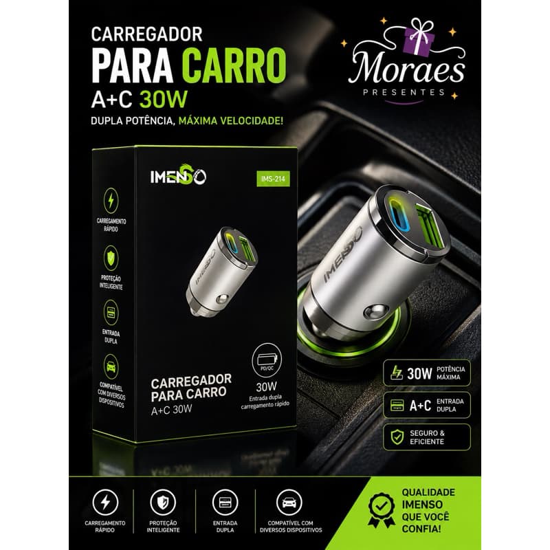Carregador Veicular Original IMENSO 30W A+C. Carregamento rápido, dupla entrada USB-A e USB-C, alta eficiência.