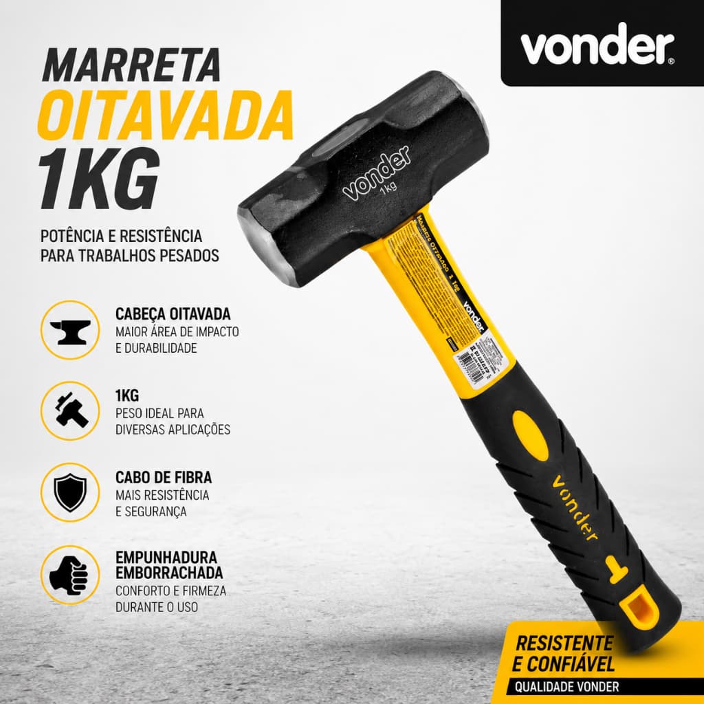Marreta Oitavada 1 kg com Cabo de Fibra e Empunhadura Emborrachada Vonder