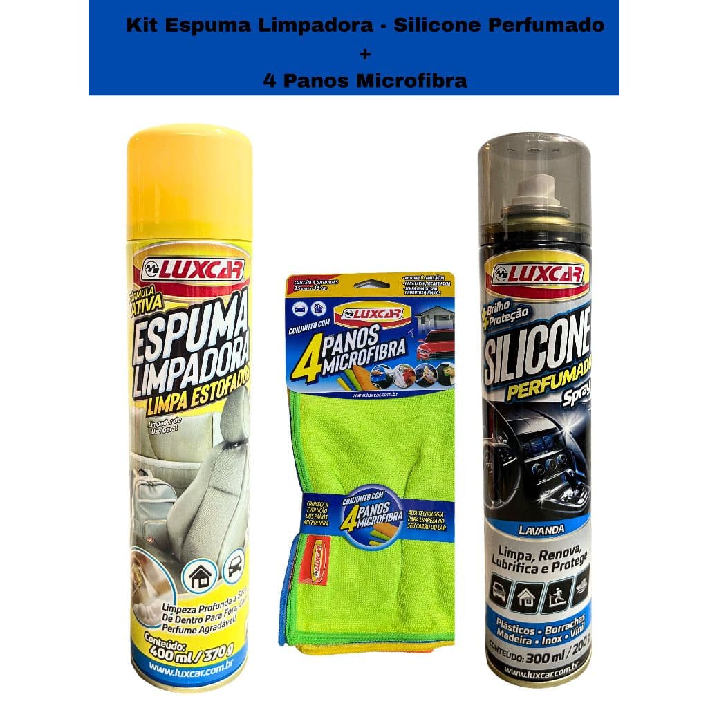 Kit Silicone Spray Luxcar + 4 Panos Em Microfibra Luxcar + Limpa Estofados Spray Luxcar Frasco
