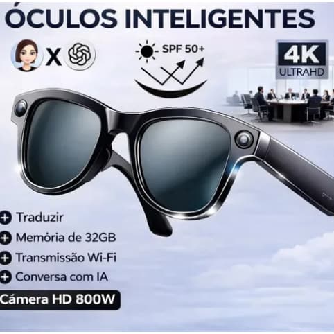 Óculos Inteligente Preto Com Câmera 4k Bluetooth Tradução 3 Lentes