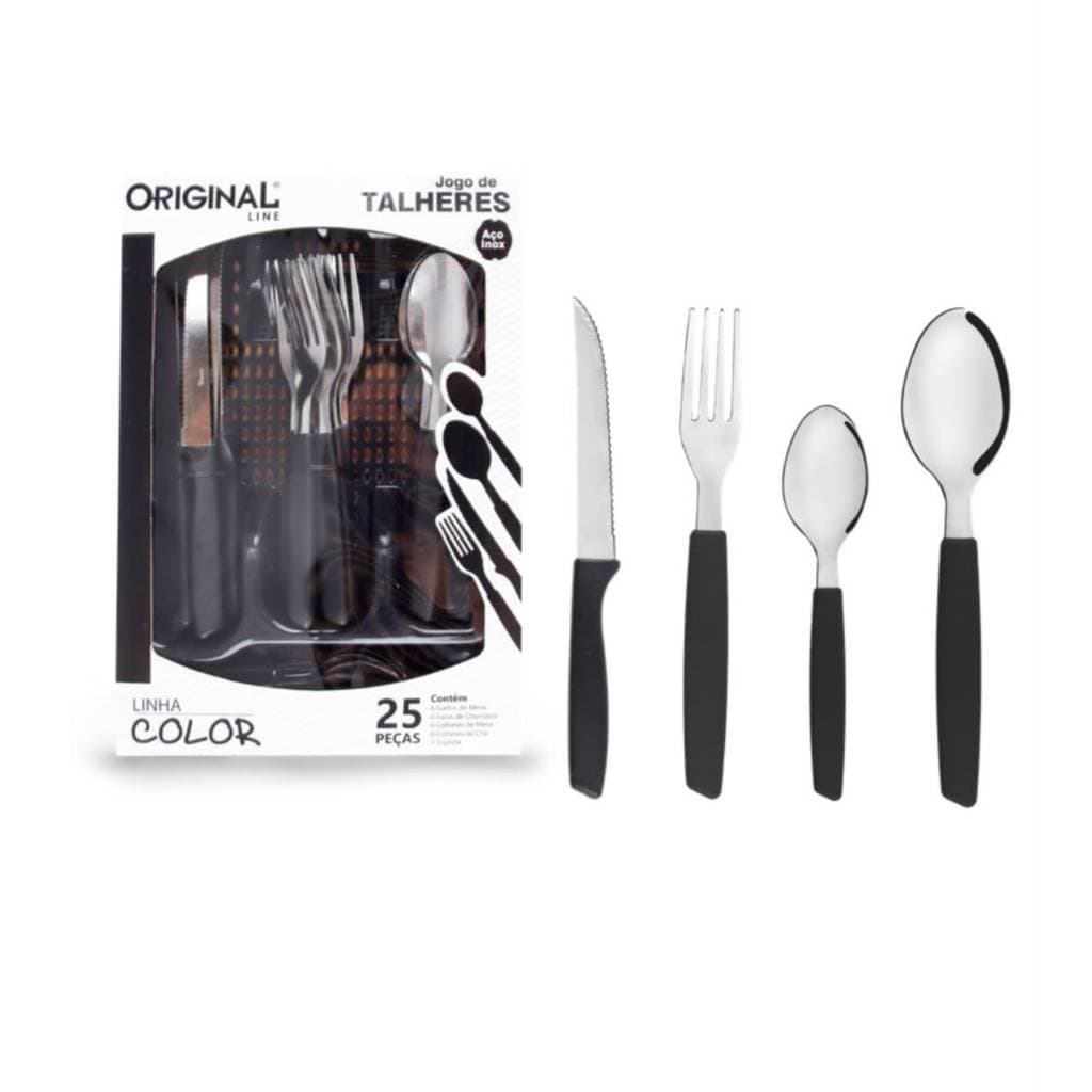 Jogo de Talheres 25 Peças Aço Inox Faqueiro Completo Cabo Preto Original Line