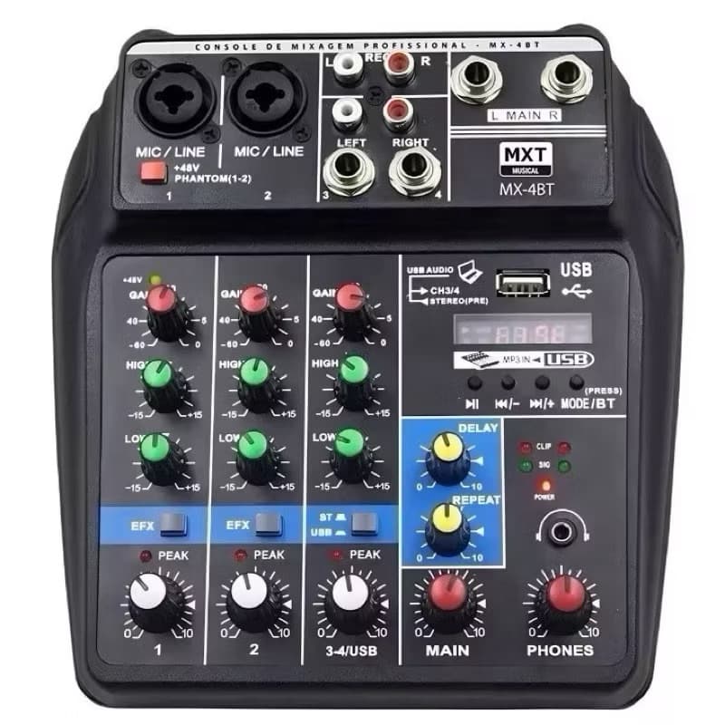 Mesa de Som Profissional 4 Canais com Bluetooth Usb e Equalizador, Modo Interface de gravação