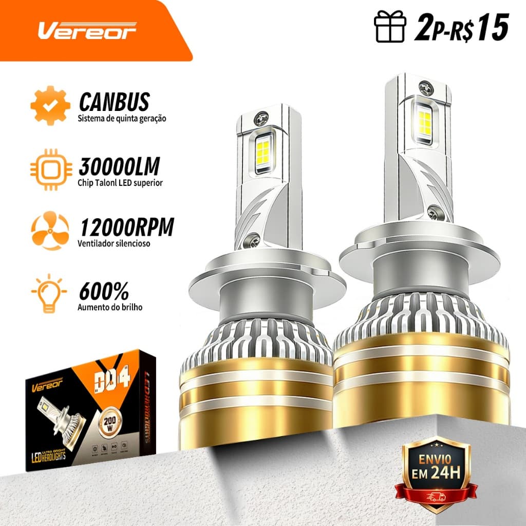 Kit Par Lâmpada LED Farol Carro D04 6000K 200W 30000LM Alta Luminosidade H1 H3 H4 H7 H11 9005 9006 Super Branca