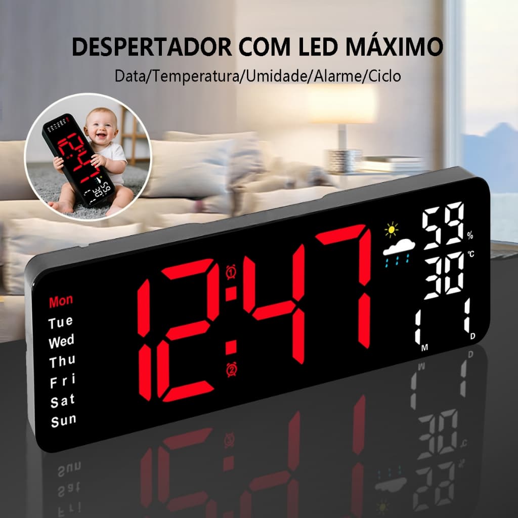 Relógio De Parede Digital De Mesa Grande Luz Led Com Exibição Da Temperatura E Da Data