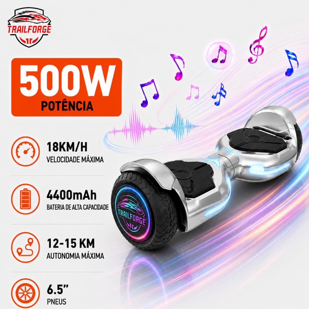 Trailforge-S1 Hoverboard Offroad 6.5" 500W 18KM/H Led Bluetooth Bateria de alta capacidade