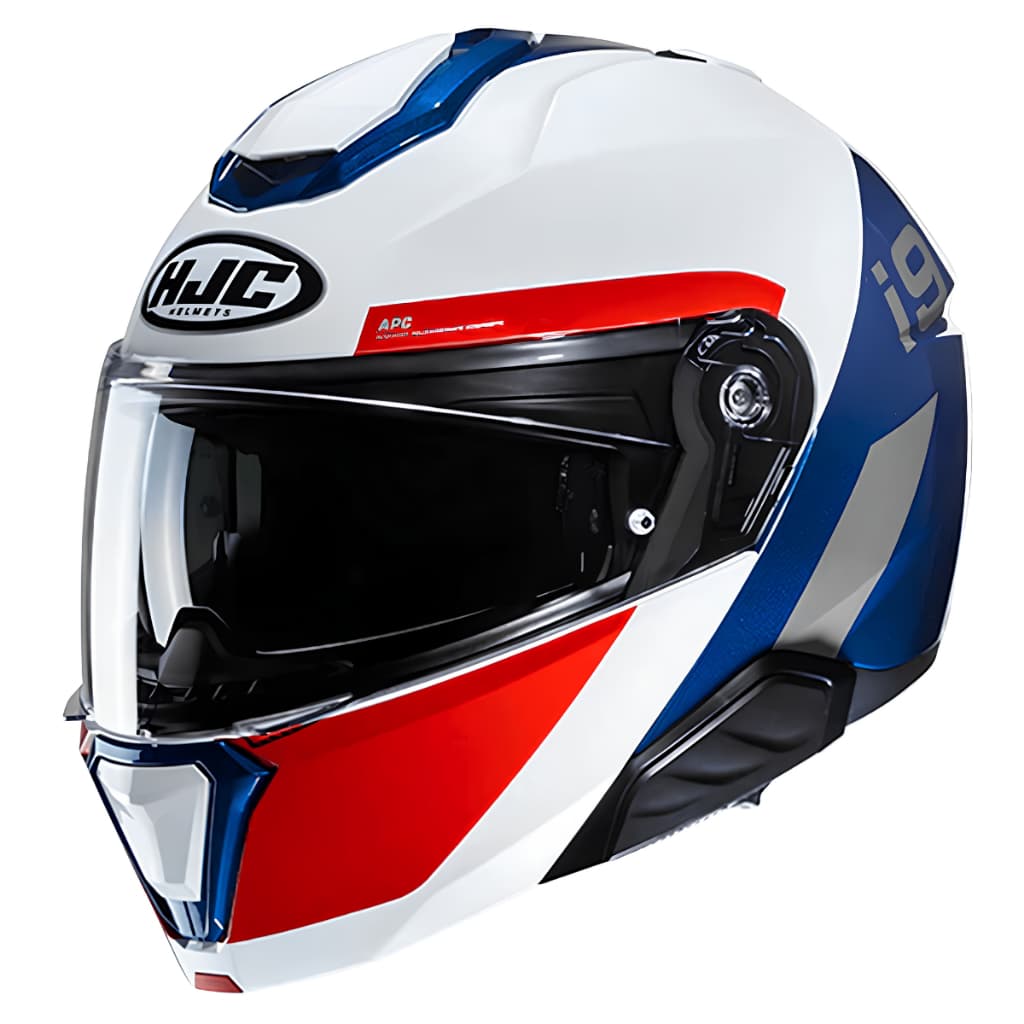 Capacete HJC i91 Bina Branco Vermelho Azul Capacete Articulado Para Moto Com Viseira Solar Premium