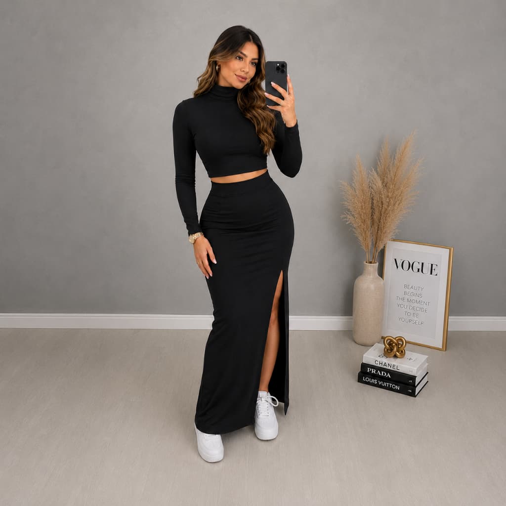 Conjunto Feminino Premium Suplex Cropped Manga Longa e Saia Midi Elegante