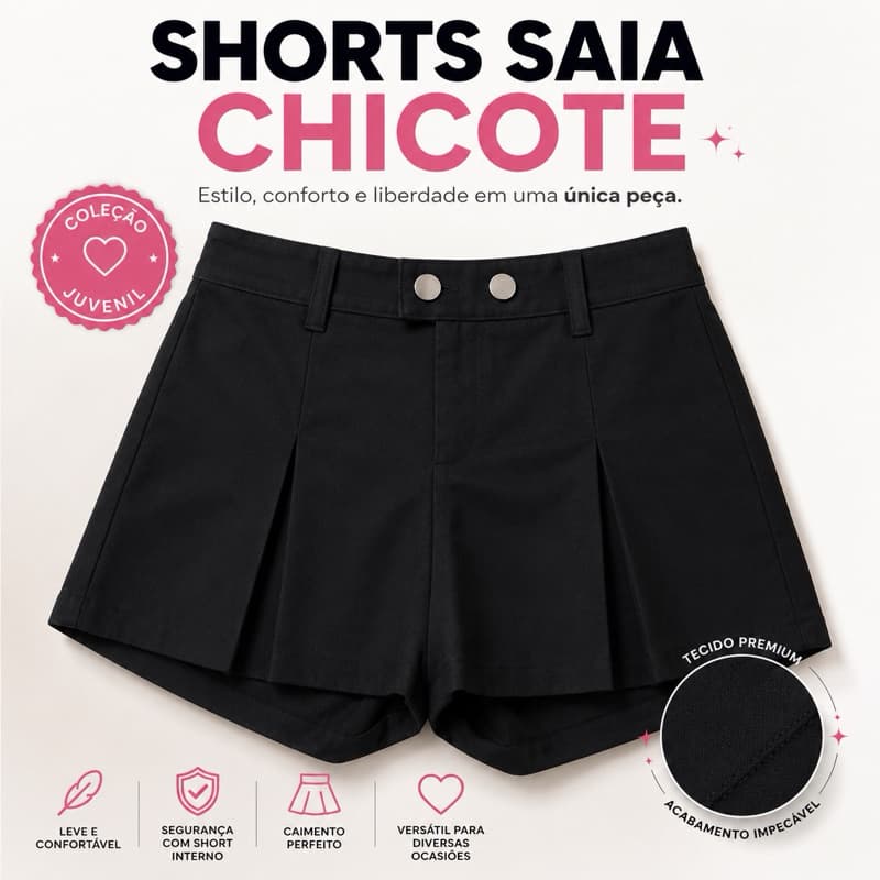 Shorts Saia Juvenil Menina Preto Chicote Casual Cintura Alta Moda 12 ao 16
