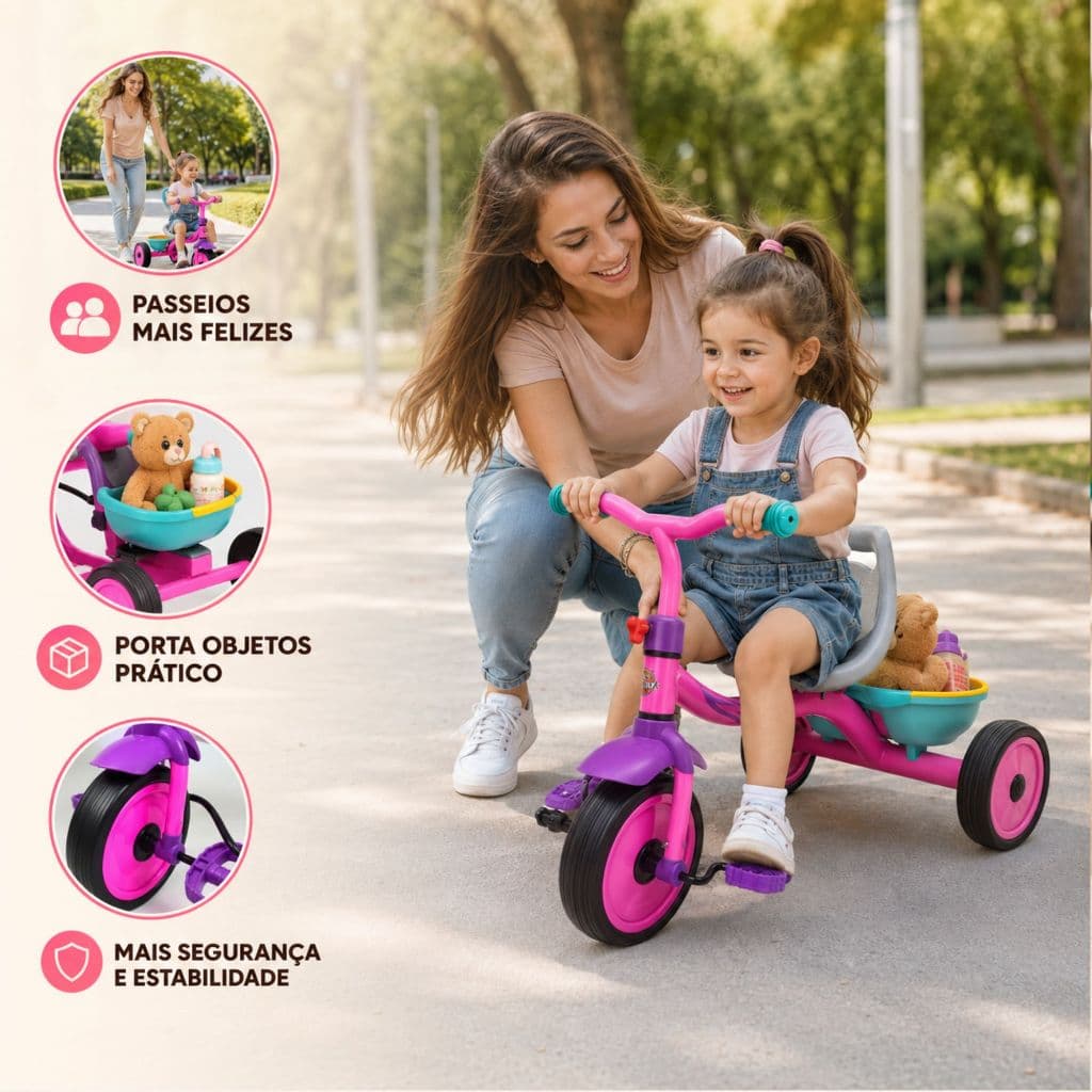Triciclo Infantil Aprender Andar de Bicicleta 3 Rodas Unitoys Cor Rosa Cesta Bicicletinha Menina