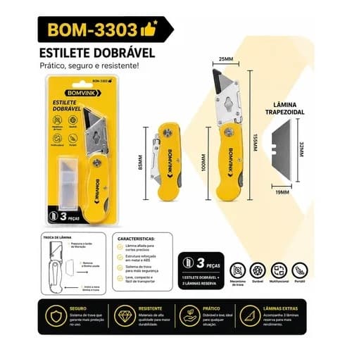 Estilete Profissional Dobrável Com 3 Lâminas BOM-3303